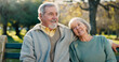 © David/peopleimages.com - Senior couple, park bench and love with hug, relax and bonding together with health. Wellness, marriage and retirement with outdoor for support and commitment on urban garden on date in nature