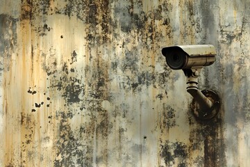 A camera is mounted on a wall in a dirty, old building