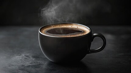 A dark cup of coffee steaming in a black mug on a black table, highlighting warmth and richness.