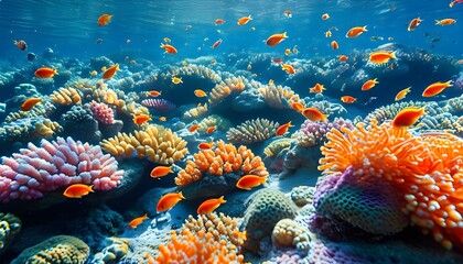 Vibrant underwater paradise with colorful corals and playful orange fish in crystal clear waters