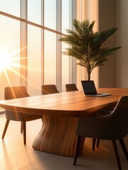 Modern conference room bathed in natural sunlight, featuring a sleek wooden table, chairs, a laptop, and a large plant by the window.