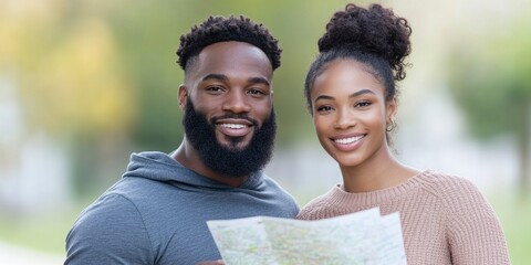 Wall Mural - African American couple holding a map together with bright blur nature background