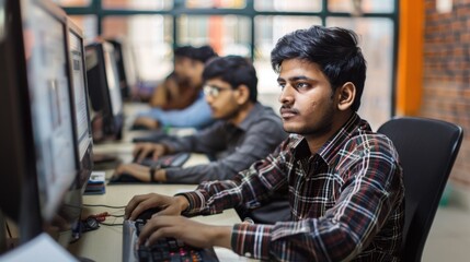 indian men sitting in front of computers, collaborating on software development in an office setting