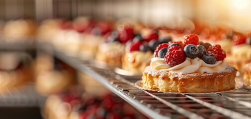 Delicious pastry tarts topped with fresh berries and cream on a bakery rack, perfect for dessert lovers and food enthusiasts.