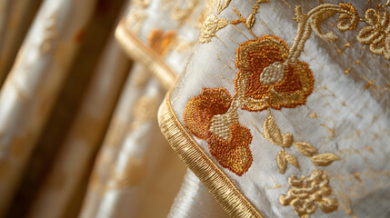 A close-up of a silk curtain with golden embroidery.