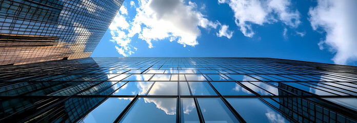 A low angle view of futuristic architecture, an office building with a skyscraper that has the reflection of a cloud in the window.