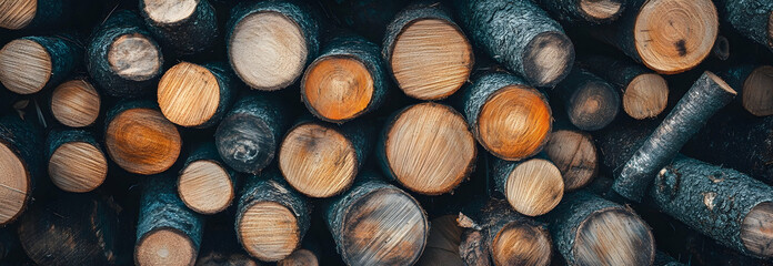 a pile and stack of wooden logs timber in a forest. wallpaper background