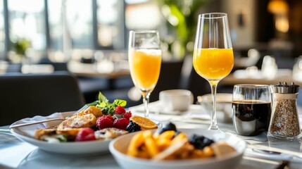 Elegant breakfast or diner served menu with drinks on table