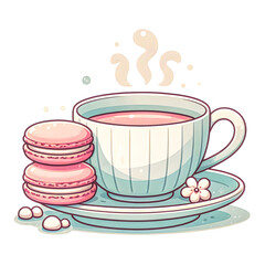 A cozy design featuring a delicate tea cup with a stack of macarons beside it vector art illustration on a white background.

