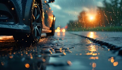 Wall Mural - serene sunset with raindrops on car wheels and large puddles reflecting the sky, creating a tranquil scene of rainy weather