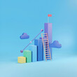 © ontsunan - 3D illustration of a growth chart with a ladder and red flag, representing success, achievement, and business progress on a blue background.
