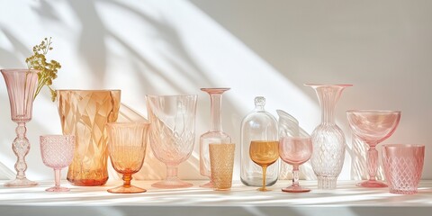 A row of pink glassware, including cups, vases, and bowls, is displayed on a white shelf. The collection of glassware is arranged in a way that highlights their unique shapes and colors