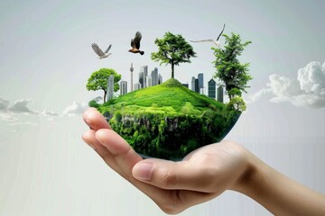 Wall Mural - save the green planet concept with hand holding restored Earth