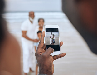 Poster - Photography, grandparents and child on holiday, travel or together with fun, play or ocean. Happiness, black people and vacation on weekend for outdoor adventure, freedom or nature in summer on beach