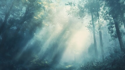 Wall Mural - Sunbeams Piercing Through a Misty Forest