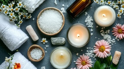 Top view of organic spa skincare products with salt candle flowers essential oilface cream towels and pumice stone