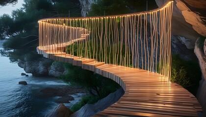 Magical cave ambiance with illuminated tree decor along a wooden terrace pathway in a shadowy setting