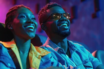 A couple sitting together in a movie theater, engrossed in the film