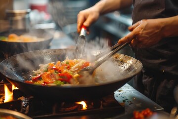 A person cooks food in a wok on a stove, suitable for use as a stock photo for cookbooks, recipe websites, or home cooking themes