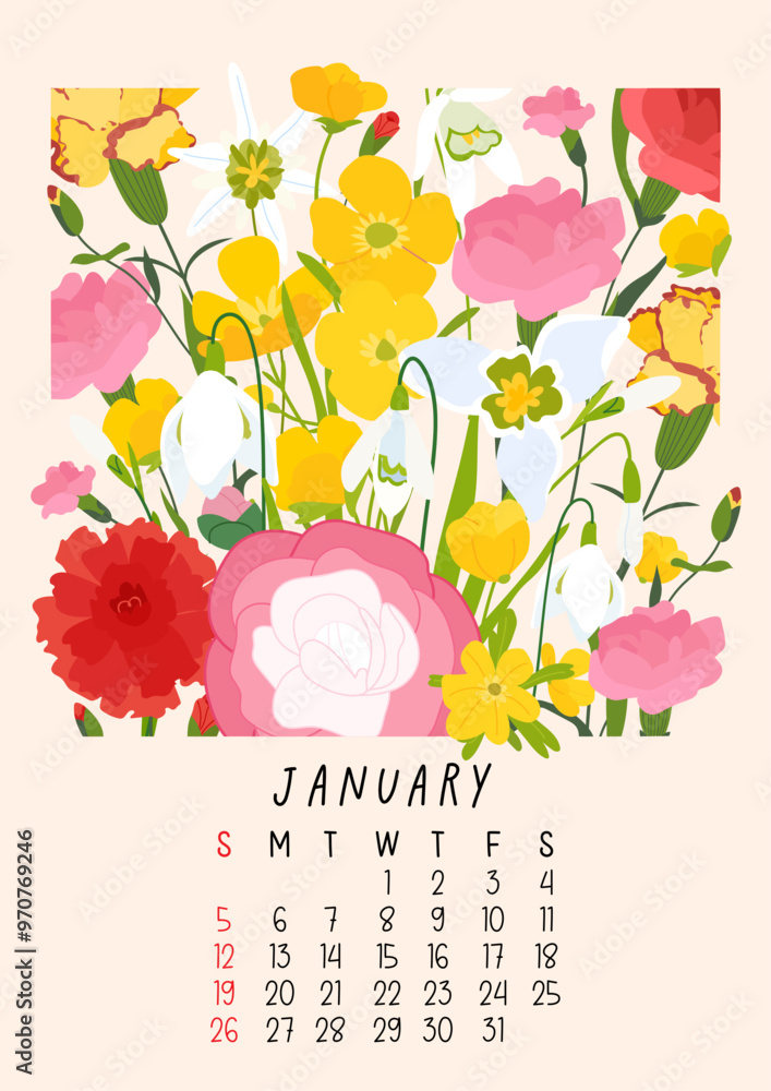 January Calendar Cartoon Vertical page calendar for January 2025 with cute winter snowdrop ...