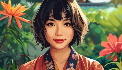 Charming Asian woman in a reserved outfit with a Wolf Cut haircut and warm smile gazes lovingly at a vibrant garden