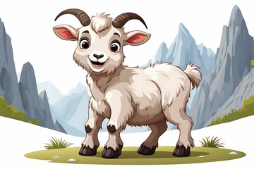 Wall Mural - Cartoon Goat with Mountain Background