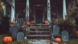 © Heng Heng - AI Stock - Haunting entrance to a spooky and mysterious autumn haunted house decorated with carved pumpkins,autumn leaves,and a gothic architectural archway.