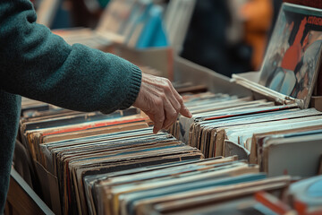 Elderly Man Reliving Memories with Old Vinyl Record Collection