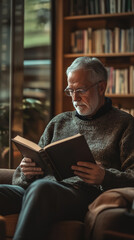 Poster - Senior Man Relaxing with a Book in a Cozy Home Nook  