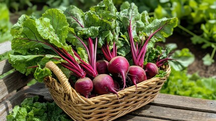 A basket of freshly picked beets (Beta vulgaris) with their deep red roots and lush green tops