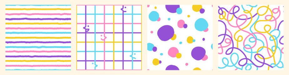 Wall Mural - colorful seamless pattern set of hand drawn curved checkered lines, polka dots and strip. trendy des