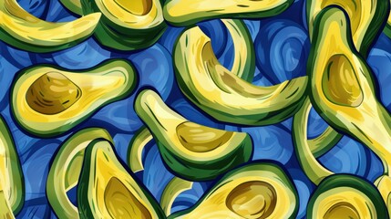 Avocado halves arranged on a vibrant blue background, modern and fresh. Ideal for health, food, and trendy lifestyle designs.