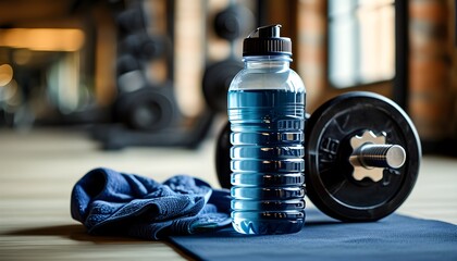 Wall Mural - Gym equipment featuring a plastic bottle and neatly folded navy blue towels alongside dumbbells, creating an organized fitness environment