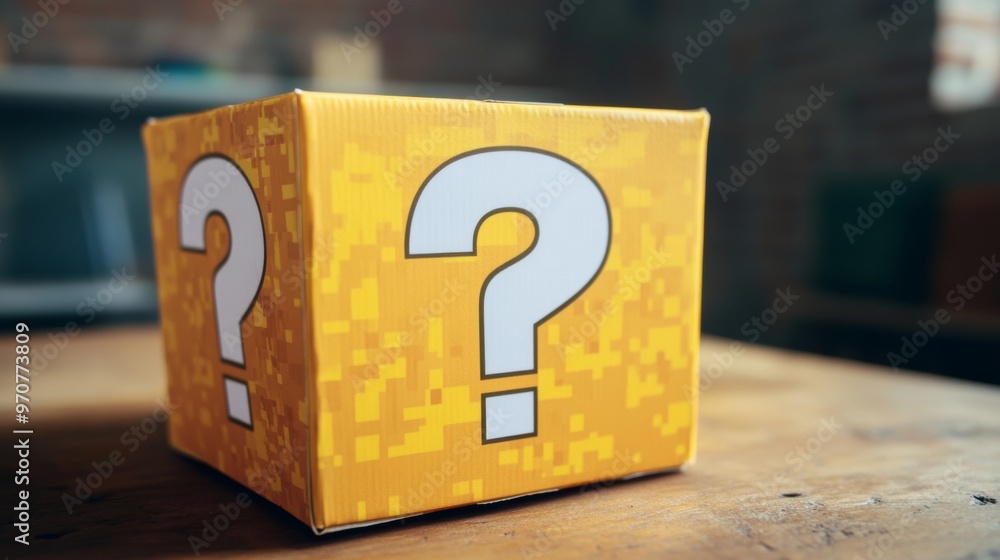 Indoor still-life photo of a yellow box with a big white question mark ...