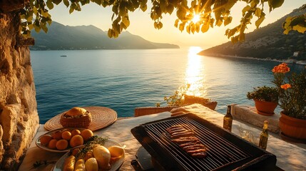 A Mediterranean terrace with a stone grill, golden sunlight illuminating freshly grilled food, overlooking crystal-clear ocean waters and distant islands