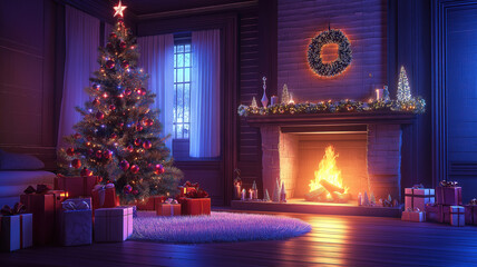 Wall Mural - Festive Christmas Interior Featuring a Glowing Tree, Cozy Fireplace, and Wrapped Gifts