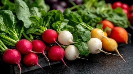 A display of colorful radishes (Raphanus sativus) with their bright red bulbs and green leaves