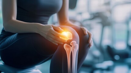 Woman in sportswear is holding painful knee joint (x-ray bone)