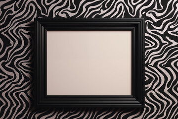 Mockup of blank white canvas with black frame on zebra stripe pattern wall background 3D art display gallery