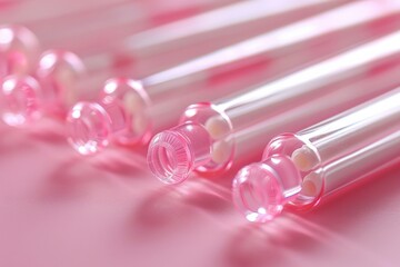 Wall Mural - Close-up view of pink glass tubes filled with round white beads on a soft pink surface during daylight hours