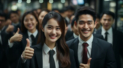 A group of the bank staff, Asian men and women wearing suits giving thumbs up.