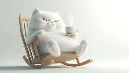 3d, cute chubby furry cat, satisfied expression, one eye open, other closed, lying in rocking chair, drinking hot tea