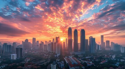 Urban cityscape with a blend of historic landmarks and contemporary high-rises, set against a vibrant sunset sky