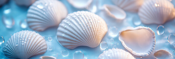 Wall Mural - White seashells on a pastel blue background. Summer holiday and vacation concept. Seashell