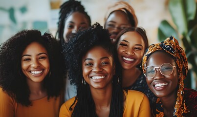 group of different african women smiling and joyful isolated against a office background, Generative AI