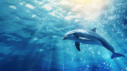 dolphin swimming underwater under sea life with bubbles and sunbeams in blue deep water, sealife wide banner poster with copyspace