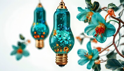 Wall Mural - Floral Light Bulb Design in Turquoise and Amber with Numbers on a Clean White Background