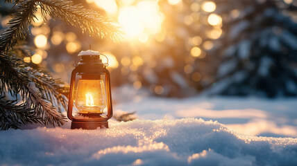 Wall Mural - Christmas Lantern On Snow With Fir Branch in the Sunlight. Winter Decoration Background