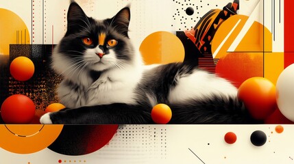 Black and white cat with orange eyes lounging among abstract shapes and bold colors, creating a modern, playful, and surreal composition