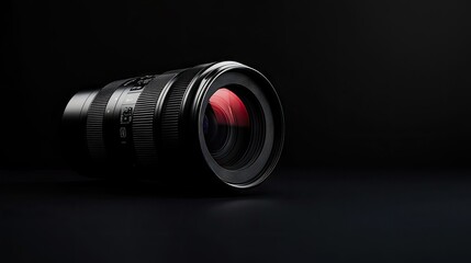 A professional camera lens isolated on a black background, showcasing modern photography equipment.